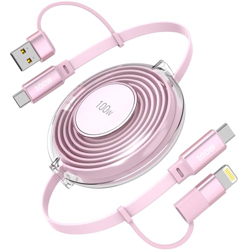 Opluz 100 W Pink Retractable USB C and Lightning Charging Cable – Dual Connector Fast Charging Solution for i Phone and Galaxy – Tangle-Free Design for Car and Travel – Enhanced Compatibility with Car Play and Android Auto