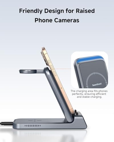 Swan Scout 703 A Premium Multi-Device Wireless Charging Station – Fast, Compact Charger for i Phone 11-16, Apple Watch SE 2-10, and Air Pods Pro 2/4 – Sleek Travel Power Hub for Effortless Device Management and Enhanced Compatibility