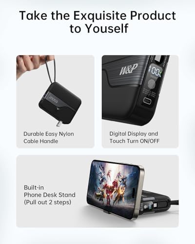 W&P Ultimate Travel Power Bank: 20,000 m Ah Portable Charger with Built-in Cables & AC Plug for 35 W Fast Charging – Ideal for i Phone 16/15/14/13/12 Pro, i Pad, Mac Book Air & Samsung Devices, Your Essential On-the-Go Power Solution