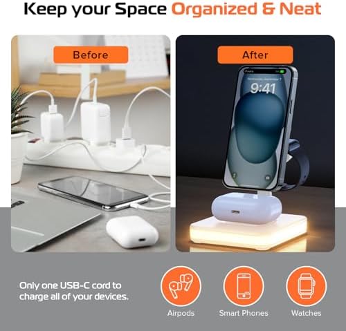 Spracht Flex Charge 4: Advanced 4-in-1 Wireless Charging Station with 25 W Fast Charging, Magnetic Dock for Smartphones, Smartwatches & Earbuds | Qi-Compatible Multi-Device Charger with Built-in Nightlight for Enhanced Convenience and Style