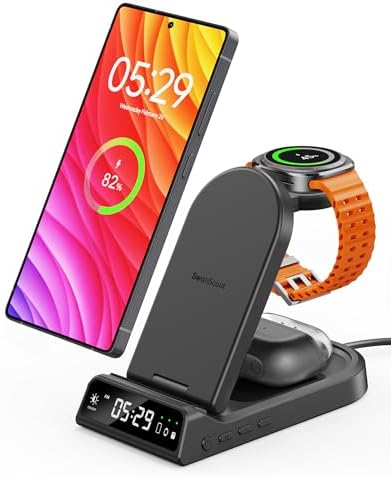 Ultimate 3-in-1 Wireless Charging Station for Samsung Devices – Foldable and Portable Charger for Galaxy S25 Ultra/S25+/S25/S24 Ultra/S23/S22, Galaxy Watch Ultra/7 6/5/4/3, and Galaxy Buds 3/3 Pro – Fast Charging Compatibility (Adapter Not Included) – Streamlined Design for Home and Travel Use