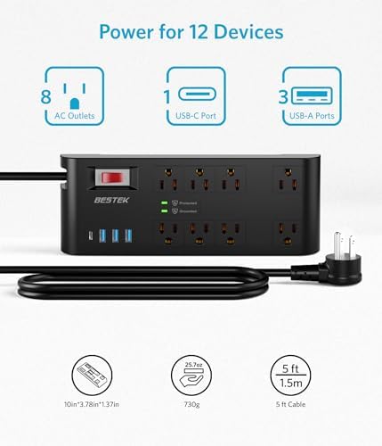 BESTEK 8-Outlet Power Strip with 5-Foot Extension Cord: Multi-Port USB Charging Hub Featuring 3 USB-A (2.4 A) & 1 USB-C (3 A) | 1625 W Max Output with 600 Joule Surge Protection for Enhanced Device Safety | Ultra-Compact Design for Home & Office Efficiency
