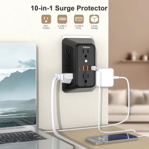 Maximize Your Power Potential with the 6-Outlet Surge Protector & 4-Port USB Charger – Versatile Multi-Plug Adapter Featuring 2 Fast-Charging USB-C Ports, Ideal for Home, Office, Kitchen, and Travel – Enhanced Safety and Connectivity for All Your Devices