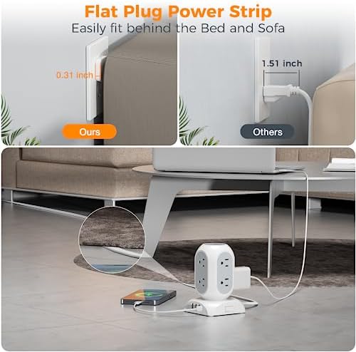 TESSAN Surge Protector Power Strip Tower with 10 Ft Flat Plug Extension Cord – 8 AC Outlets & 4 High-Speed USB Ports (1 USB-C) – 1050 Joules Protection – Ideal Charging Station for Home, Office, and Dorm Room Use – Maximize Safety and Organization
