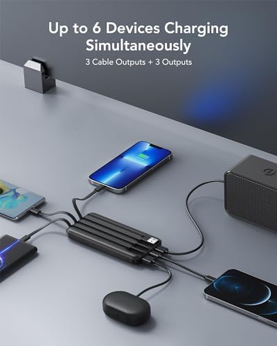 Sleek 10,000 m Ah Multi-Device Portable Charger with Built-In Cables – High-Speed 3 A Power Bank for i Phone, Samsung, Pixel, LG, Moto, i Pad – Ultimate Travel Essential with 6 Outputs for Effortless Charging on the Go