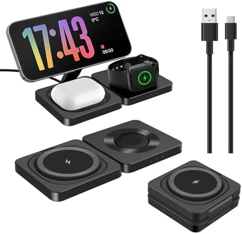 Ultimate 3-in-1 Magnetic Wireless Charger Stand for i Phone 16/15/14/13/12, Air Pods, and Apple Watch Series – 15 W Fast Charging Station with Enhanced Compatibility for All Apple Devices – Sleek Black Design for Effortless Desk Organization and Safe Charging Solutions