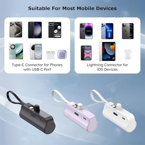 Lin Tek Ultra-Compact 5000 m Ah USB C Lightning Power Bank – Essential Travel Charger for i Phone 11-16 Series, Dual Port Compatibility, Lightweight Design in White, Black, and Pink – Experience Rapid Charging Anywhere