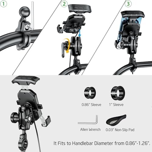 i MESTOU Wireless Phone Charger & Anti-Theft Motorcycle Mount – Fast 15 W Quick Charge with 720-Degree Rotation, USB-C 3 A Compatibility, Secure 1″ Ball Phone Holder for 4.0-7.0″ Smartphones – Innovative Handlebar Accessory for 12 V/24 V Vehicles