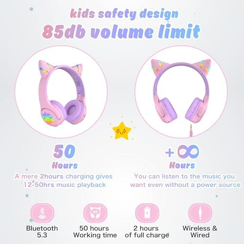 Riwbox CF9 Cat Ear Bluetooth Headphones for Kids – Safe 85 d B Volume Limit, Fun LED Light-Up Design, Dual Microphones for Clear Calls, Perfect for Tablets, Schools, Air Travel & Remote Learning, Lightweight Comfort in Trendy Purple