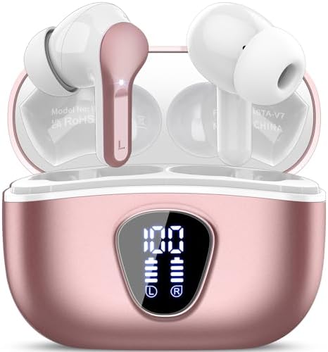Elevate Your Sound Experience with Premium Wireless Earbuds – Advanced Bluetooth 5.4, Hi-Fi Stereo Audio, and ENC Noise Cancellation for Crystal-Clear Calls, IP7 Waterproof Design for Active Lifestyles, 48-Hour Playtime with LED Battery Display, Chic Rose Gold Finish for Everyday Elegance in Sports and Leisure