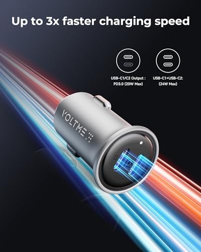 VOLTME 30 W USB C PD 3.0 Car Charger – Fast Charging Dual Port Adapter for i Phone 14/13/12/11 Pro Max, Samsung Galaxy S23/S22/S21, and More – Sleek Navy Blue Design for Universal Compatibility and Efficient Power Delivery on the Go