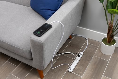 GE 6-Outlet Power Strip with Dual USB Ports – Fast Charging USB-A & USB-C, 4 ft Durable Braided Cord, Wall Mountable Design, Circuit Breaker for Enhanced Safety, ETL Certified, Versatile White Power Solution for Home and Office