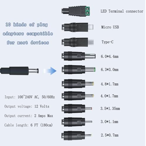 Universal 12 V 2 A ETL Certified AC Power Adapter with 10 Interchangeable Tips – Reliable Charging Hub for LED Strip Lights, CCTV Cameras, Bluetooth Speakers, GPS Units, Routers, and Webcams – 6-Foot Flexible Cord for Enhanced Convenience and Dependability