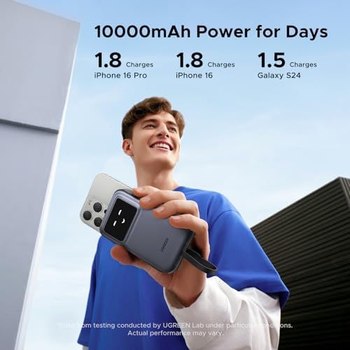 UGREEN Uno 10,000 m Ah Power Bank with Integrated USB-C Cable – PD 30 W Fast Charging Battery Pack Featuring TFT Display for i Phone 16, Galaxy S24, Pixel, i Pad & More – Ultimate Portable Charger for Enhanced Device Compatibility and Speed Efficiency