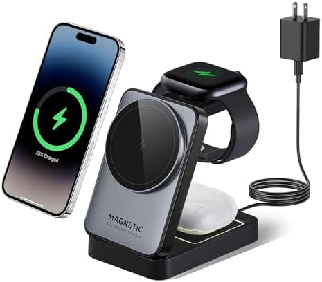 Compact 3-in-1 Foldable Wireless Charger for i Phone, Apple Watch & Air Pods Pro – 15 W Mag Safe Travel Charging Station in Sleek Black – Ultimate Portability & Intelligent Device Protection for i Phone 16-12 Compatibility