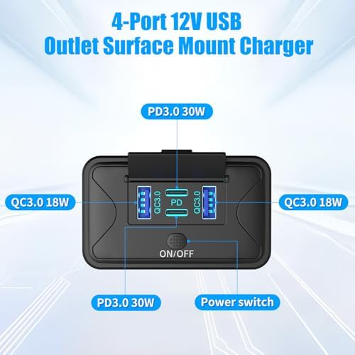 4 Port 12 V USB Outlet Wall Mount Charger – 2 Pack 78 W Fast Charging Solution with Dual PD & QC3.0 Ports, Ideal for RVs, Trucks, Marine Use & Golf Carts – Lightweight Design with Energy-Saving Button Switch for Ultimate Convenience and Compatibility