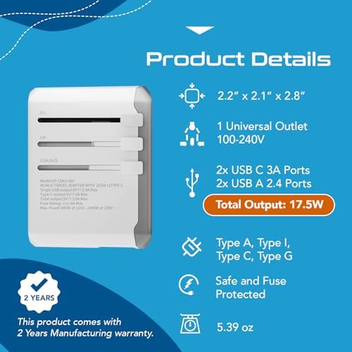Ultimate Compact Travel Power Adapter for UK & Ireland – Dual USB & USB-C Fast Charger with 3.1 A Output – Type G Plug Converter for Seamless Global Connectivity in Hong Kong, England, Dubai, and Saudi Arabia – Safe, Efficient Design for Smart Travelers