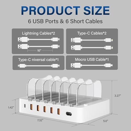 68 W Multi-Device Charging Station: 6-Port USB Dock with 20 W Fast Charging for i Phone, i Pad, and More – Sleek White Design with Included Cables for Ultimate Convenience and Efficiency