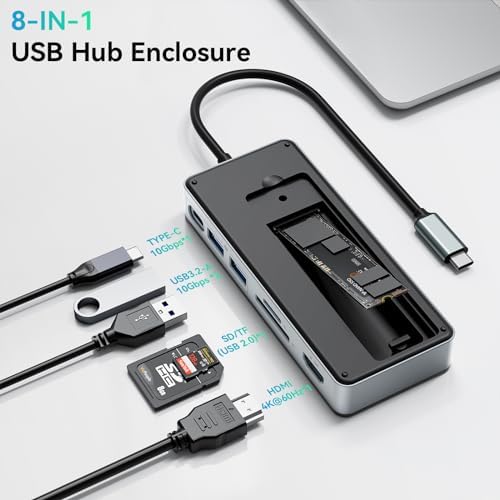 Yottamaster 8-Port USB C Hub with M.2 NVMe SSD Enclosure – High-Speed 10 Gbps USB 3.2 Adapter for Seamless Data Transfer, Stunning 4 K@60 Hz HDMI Output, 100 W Power Delivery & Dual SD/TF Readers – Ultimate Connectivity Solution for Windows & Mac Users to Boost Productivity and Enhance Workflow