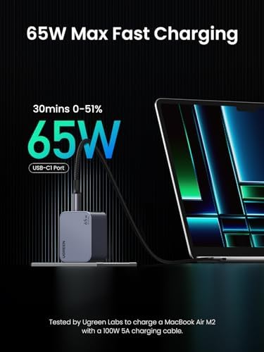 UGREEN Nexode Pro 65 W Ga N Fast Wall Charger Block – Compact 3-Port USB-C Charger for Mac Book Pro/Air, i Phone 16/15, Galaxy S24 Ultra, Pixelbook & More – Travel-Friendly Design with Enhanced Safety Features for Rapid Charging