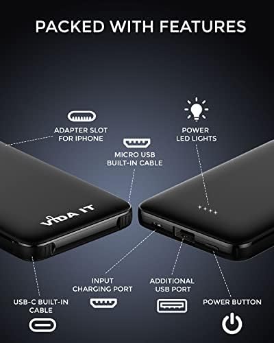 Vida IT 5000 m Ah Compact Portable Power Bank with Built-in USB-C Cable – Fast Charging External Battery for Samsung Galaxy S22, S21, S10, S7 Edge, Motorola, LG, and Google Pixel Smartphones – Ultimate Travel Charger for On-the-Go Connectivity