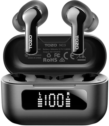 TOZO Elite Hybrid Active Noise Cancelling Wireless Earbuds – Cutting-Edge 6-Microphone AI Technology for Enhanced Call Clarity, 55-Hour Extended Battery Life, Customizable 32 EQ Settings via App, Bluetooth 5.3 for Fast Connectivity, IPX8 Waterproof for All-Weather Use, Ergonomically Designed for Comfort and Secure Fit