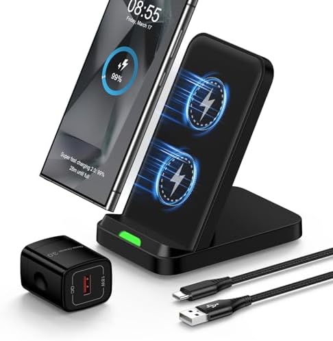 15 W Fast Wireless Charging Stand for Google Pixel 9 Pro & Samsung Galaxy Devices – Anti-Slip, Case-Friendly Dock with 18 W QC3.0 Adapter – Dual-Coil Design for Vertical & Horizontal Charging – Safe, Reliable Power Station with Multiple Protection Features – Ideal for Pixel 9 Pro XL, Fold, 8 Pro, 7 Series & More – Quick Charge for i Phone 16 & Moto G Stylus 5 G – Enhance Your Charging Experience with High-Speed Performance and Versatile Compatibility – Perfect for Home or Office Use