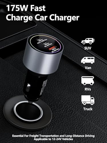 175 W Ultra-Fast Car Charger Adapter – Multi-Device Super Charging Hub for i Phone 16/15/14 Max, Samsung Galaxy S24/23/22, i Pad, Mac Book Pro/Air, and USB-C Laptops – Advanced PD3.1, 140 W Power Delivery, and Intelligent PPS Technology for Rapid Charging on the Go