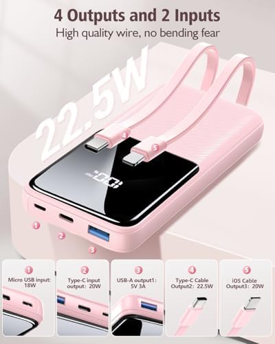 High-Capacity 20,000 m Ah Portable Power Bank – Ultra-Fast Charging Battery Pack with Built-In USB-C and i OS Cables for i Phone, Android, and Samsung Devices – Ideal Travel Companion for Uninterrupted Connectivity – Durable and Lightweight Design (1 Pack, White)