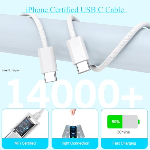 Ultra-Fast 6 FT USB-C to Type-C Charger Cable for i Phone 16/15 Pro Max – 20 W Power Adapter Included – Durable Woven Design for i Pad Pro/Air/Mini – Reliable Long Charging Solution for Maximum Efficiency and Convenience