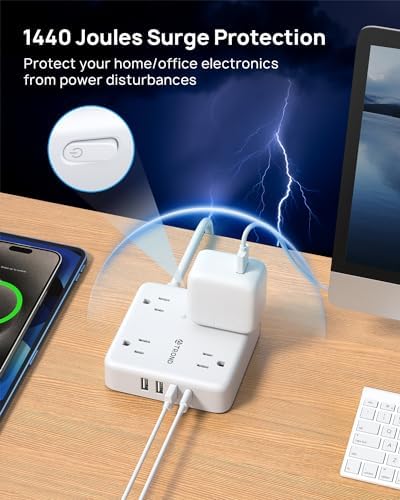 TROND 2-Prong Surge Protector Power Strip with 5 ft Extension Cord, 1440 Joules Safety Shield, Multiple AC Outlets & USB Charging Ports – Compact Wall-Mount Adapter for Streamlined Power Access and Enhanced Device Protection