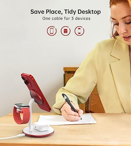 Sleek Yellow Wood Grain 3-in-1 Wireless Charging Station for Apple Devices – Fast 15 W Mag-Safe Charger with QC 3.0 Adapter for i Phone 16/15/14/13/12, Apple Watch Ultra/S9/8, and Air Pods – Elevate Your Workspace with Ultimate Compatibility and Modern Aesthetics, Perfect for Streamlined Charging Solutions