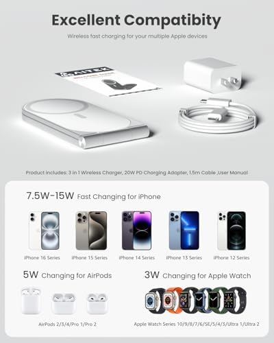 Ultimate 3-in-1 Wireless Charging Station – Foldable Travel Charger for i Phone 16/15/14/13/12, Air Pods & Apple Watch – 20 W Fast Magnetic Charger Stand with Enhanced Mag Safe Compatibility for On-the-Go Convenience