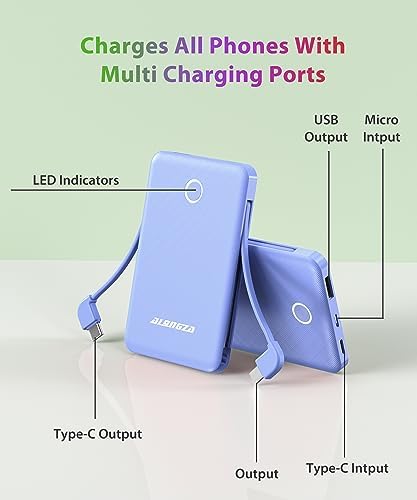 Compact 6000 m Ah Portable Power Bank with Built-in Cable – Lightweight Fast Charging External Battery for i Phone and Android – Ultimate Travel Companion for On-the-Go Charging Efficiency