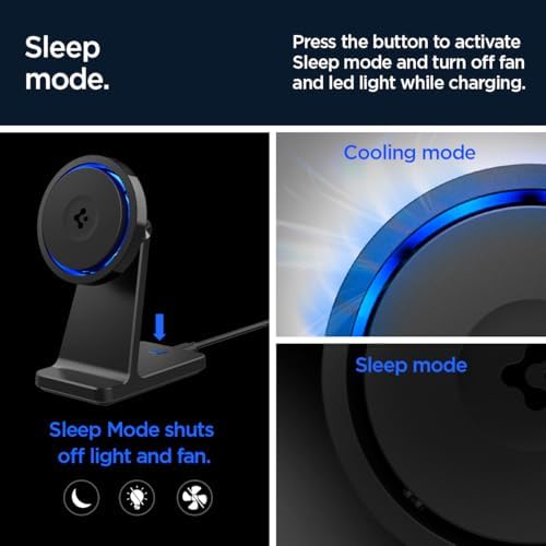 Experience next-level charging with the Spigen One Tap Pro 3 Cryomax (Mag Fit) Qi2 Wireless Charger, featuring a powerful 15 W output and advanced cooling technology. This sleek black Mag Safe compatible charging stand is tailored for i Phone models 12 through 16, ensuring effortless alignment and secure attachment. Engineered for efficiency, it boasts an integrated cooling fan to prevent overheating during rapid charge cycles, extending your device’s lifespan. The innovative sleep-friendly light provides a gentle glow for unobtrusive night charging, making it ideal for bedrooms or offices. Elevate your tech setup with this high-quality, durable accessory, designed for both style and functionality. Enjoy peace of mind with enhanced compatibility and rapid power delivery, all while maintaining optimal device temperature. Transform your charging routine with the Spigen One Tap Pro 3 Cryomax, where performance meets convenience.