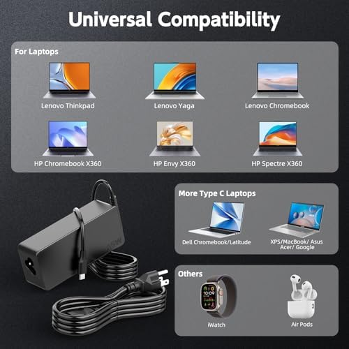 Power Up Your Lenovo: 65 W USB-C Charger for Think Pad, Yoga, and Chromebook – High-Speed, Versatile Compatibility with Enhanced Safety Features – Ideal Replacement for ADLX65 Series Power Supply with 12-Month Warranty