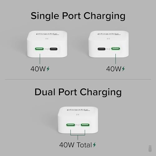 Dual USB-C 40 W Fast Charging Wall Adapter – Compact Plugable Power Charger for i Phone 16, i Pad, Air Pods, Samsung Galaxy, Google Pixel – Foldable Design for Portability and Versatile Use in Home or Travel – Sleek Black Finish for Modern Aesthetics and Enhanced Device Compatibility