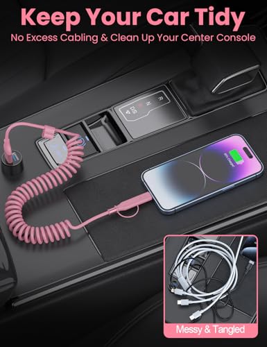 Dual-Function Coiled USB-C & Lightning Charging Cable 3 FT – 60 W Fast Charge for i Phone 15/16 & Samsung Galaxy – Perfect for Apple Car Play & Android Auto Integration (Sleek Black) – Enhanced Durability & Space-Saving Design
