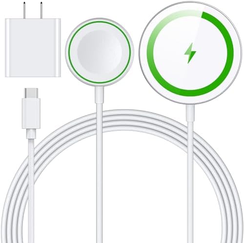 Magnetic 2-in-1 Wireless Charger for Apple Watch & i Phone – Fast USB-C Charging Station Compatible with Apple Watch Ultra/SE/Series 2-10 & i Phone 12-16 Models – Compact & Portable Design for Effortless Power Anywhere – Enhanced Safety Features & Strong Magnetic Alignment