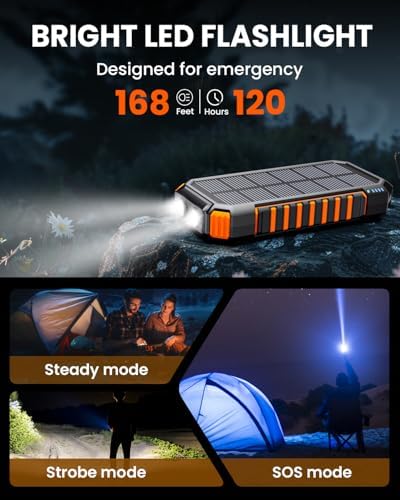 Riapow 27,000 m Ah Solar Power Bank – Ultra-Fast 22.5 W Wireless Charger with Built-in Cables for 6 Devices, Ideal for Outdoor Adventures and Emergency Power Needs – Charge i Phone 16 to 65% in 30 Minutes with High-Capacity Battery and Efficient PD 3.0 Technology – Stay Connected Anywhere, Anytime