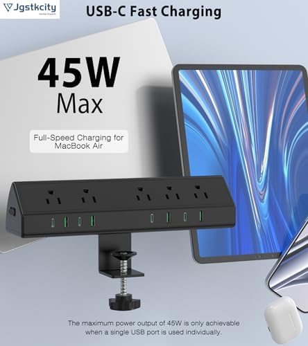 Maximize Efficiency with the 45 W Desk Clamp Charging Station – 4 PD USB-C Ports & 5 AC Outlets, ETL Listed Surge Protector for Ultimate Device Protection, 14 AWG Heavy-Duty Cord, Secure Fit for 1.9″ Tabletops (Black, 6 FT Cable) – Your All-in-One Power Solution for Home and Office