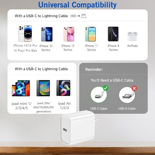 Fast Charge Your i Phone with the PD 20 W USB C Wall Charger Block – MFi Certified Adapter & 3 FT Lightning Cable for i Phone 14/13/12/11/XS Max/XR/X/8/7/SE & Air Pods – Compact & Reliable Power Solution for Ultimate Device Compatibility and Speed