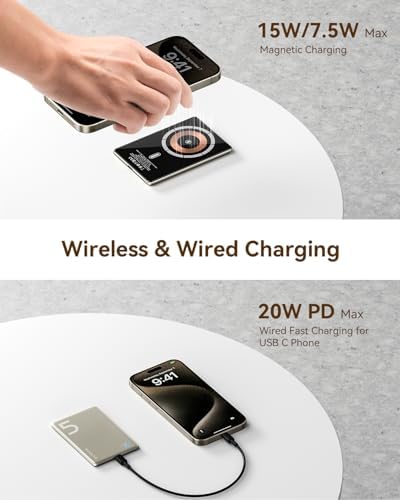 Kuulaa Slim Magnetic Portable Power Bank for i Phone – 5000 m Ah PD 20 W Fast Charging Battery Pack with Rotating Stand for Mag Safe Compatible i Phone 12/13/14/15/16 Series (Titanium Finish) – Ultimate On-the-Go Charging Solution