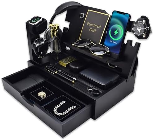 Nightstand Organizer for Men with Large Drawer, Birthday Gifts for Men, Phone Docking Station, Bedside Organizer for Nightstand for Apple Watch, Laptop (Brown, Solid Wood) – Enhanced Compatibility and Speed