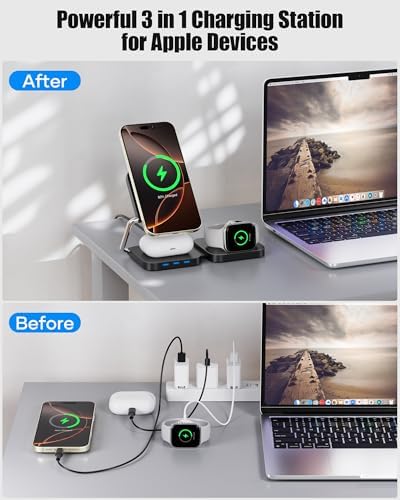Ultimate 3-in-1 Fast Wireless Charging Station for i Phone 12-16, Air Pods, & Apple Watch – Sleek Travel Charger for Effortless Power Management, Perfect Gift for Tech Enthusiasts – Compact Design in Elegant White for On-the-Go Convenience