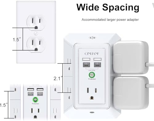 QINLIANF 5-Outlet USB Wall Charger with Surge Protection – 4 USB Ports (4.8 A Total) Power Strip Extender, 3-Sided Design for Easy Access, 1680 J Surge Defense, Compact Multi-Plug Adapter for Home, Travel, and Office Use – Elevate Your Charging Experience with Versatile Compatibility and Safety