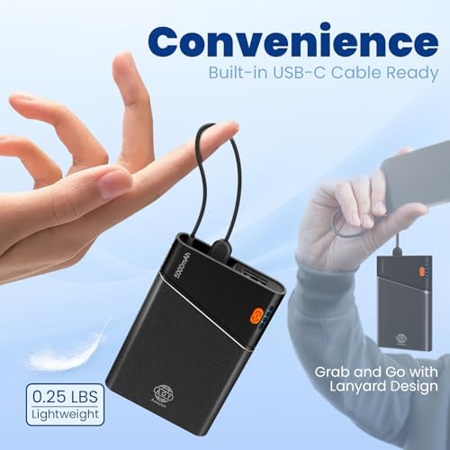 Sleek 5000 m Ah Pink Portable Power Bank with Integrated USB-C Fast Charger – Ultra-Compact Mini Battery Pack for i Phone 16/15/14 & Samsung S24 – Lightweight Design with Handy Lanyard for Effortless Travel Charging