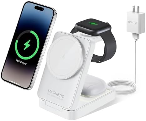 Compact 3-in-1 Foldable Wireless Charger for i Phone, Apple Watch & Air Pods Pro – 15 W Mag Safe Travel Charging Station in Sleek Black – Ultimate Portability & Intelligent Device Protection for i Phone 16-12 Compatibility