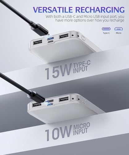 High-Capacity 15,000 m Ah Portable Charger Power Bank – Dual USB Fast Charging for Smartphones & USB Devices – Compact White Design with Safety Features for On-the-Go Power Solutions