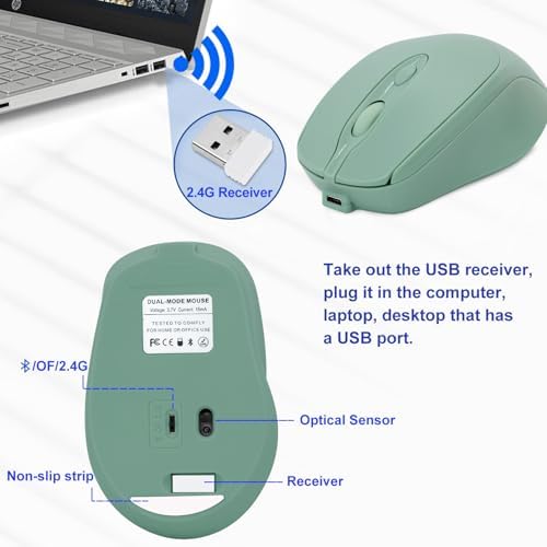 Sleek Silent Rechargeable Wireless Mouse – Ergonomic Light Green Design for Laptop, i Pad, Mac Book, Surface Pro, and More – Perfect for Travel and Everyday Use with Dual Mode Bluetooth Compatibility